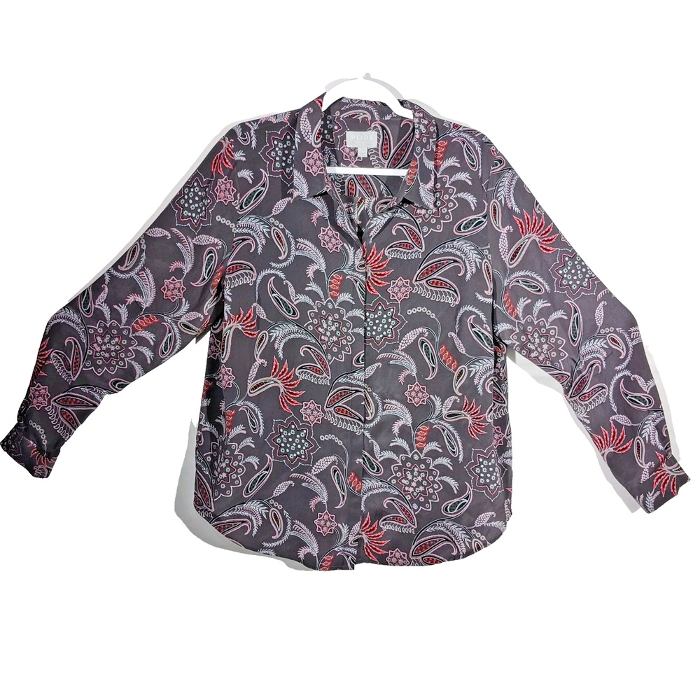Pure Collection Silk Top Women Size 14/16 Gray Paisley Button Down Blouse Fairy